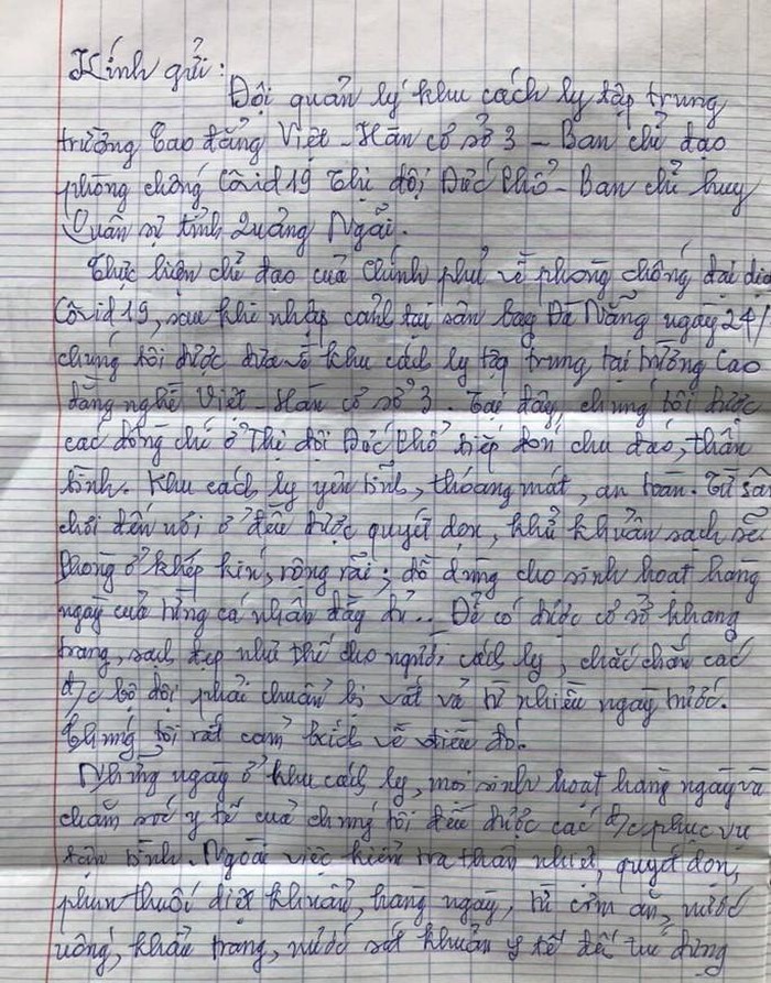  
Lá thư của 97 người Việt đang cách ly gửi đến các cán bộ chiến sĩ trong khu cách ly tập trung ở Quảng Ngãi. (Ảnh: Người Lao Động)