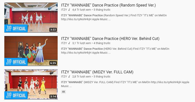  
Ngay cả WANNABE ra mắt cách đây vài tháng cũng có khá nhiều video vũ đạo (Ảnh: Chụp màn hình)