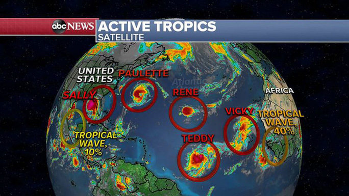  
5 cơn bão xuất hiện cùng lúc trên Đại Tây Dương. (Ảnh: ABC News)