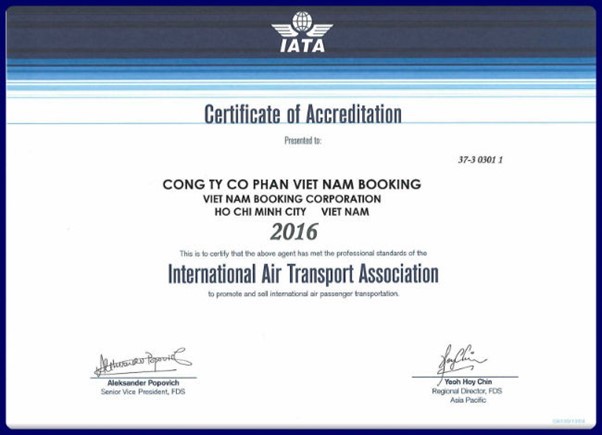  
Vietnam Booking có chứng nhận IATA từ Hiệp hội Hàng không thế giới.