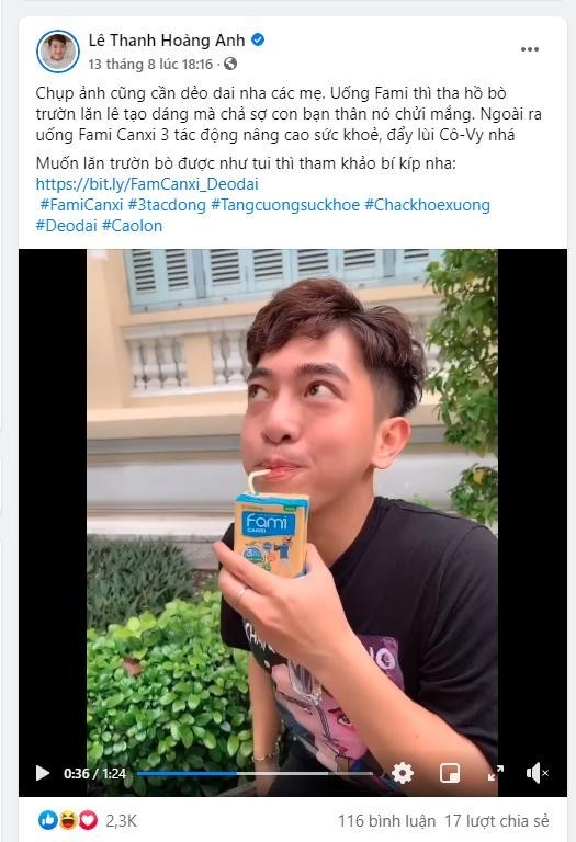  
Cây hài 9x Lê Thanh Hoàng Anh làm hẳn một clip chia sẻ bí kíp uống Fami Canxi để “lăn” qua mùa dịch an toàn.