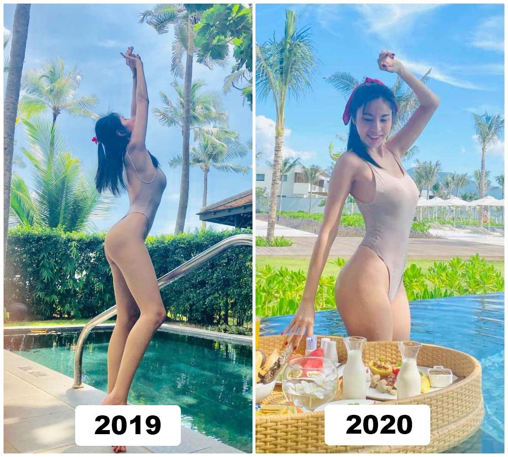 
Cùng 1 bộ bikini giống nhau nhưng  vào thời điểm năm 2020, body của Thủy Tiên được đánh giá cao hơn. Ảnh: Eva