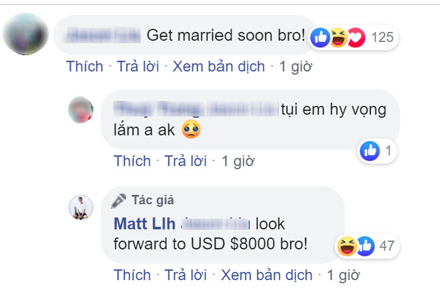  
Fan cho rằng, Matt Liu đang hồi đáp lời thúc giục kết hôn bằng cách đòi tiền mừng cưới. Ảnh: FB Matt Liu - Tin sao Viet - Tin tuc sao Viet - Scandal sao Viet - Tin tuc cua Sao - Tin cua Sao