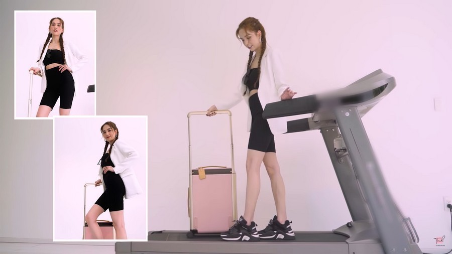 
Chân dài Trà Vinh sử dụng máy chạy bộ để có những shoot ảnh như đang ở sân bay. (Ảnh: Chụp màn hình)