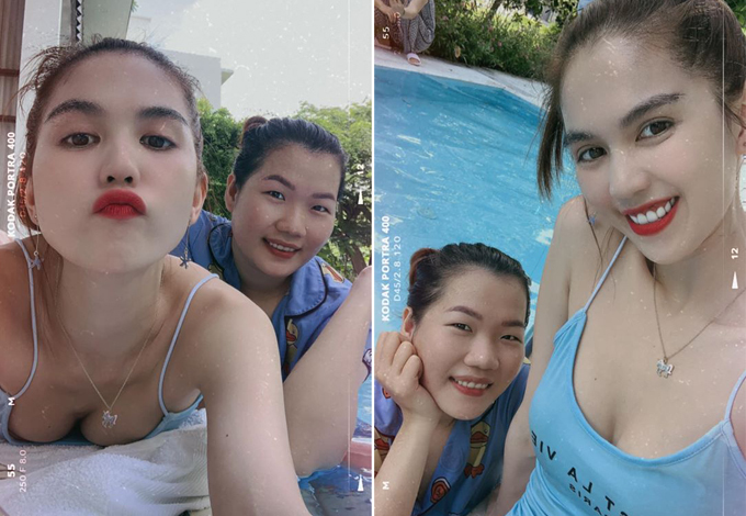  
Hai chị em cùng bơi ở biệt thự vào mỗi buổi chiều rảnh rỗi. (Ảnh: FBNV) - Tin sao Viet - Tin tuc sao Viet - Scandal sao Viet - Tin tuc cua Sao - Tin cua Sao