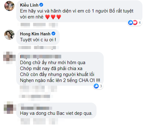 
Nữ diễn viên hài Kiều Linh đã an ủi đến cô: "Em hãy vui và hãnh diện vì em có một người bố tuyệt vời em nhé". (Ảnh: Chụp màn hình) - Tin sao Viet - Tin tuc sao Viet - Scandal sao Viet - Tin tuc cua Sao - Tin cua Sao