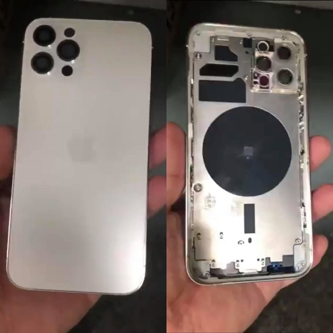  
Mặt trước mà mặt sau của bọ khung iPhone 12 pro và sự xuất hiện của một lỗ nhỏ được cho là cảm biến LiDar. Ảnh: Twitter