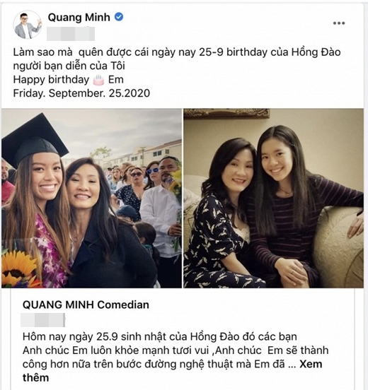 
Quang Minh chúc mừng sinh nhật vợ cũ, Hồng Đào cũng đã nhấn like và bình luận cảm ơn phía dưới bài viết. Ảnh: Chụp màn hình - Tin sao Viet - Tin tuc sao Viet - Scandal sao Viet - Tin tuc cua Sao - Tin cua Sao