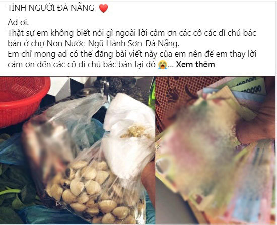  
Câu chuyện về các tiểu thương Đà Nẵng tặng thực phẩm và quyên góp tiền cho lại các em sinh viên được chia sẻ lên mạng xã hội. (Ảnh: Chụp màn hình)