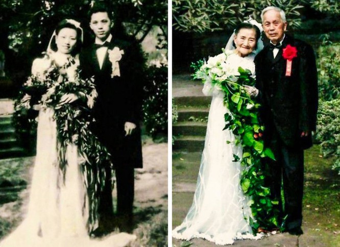  
Bức ảnh tái hiện lại đám cưới sau mấy chục năm, họ vẫn ở bên nhau và tình yêu vẫn nồng thắm như ngày đầu.