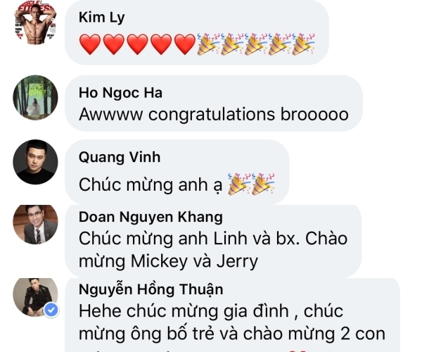  
Nhiều sao Việt chúc mừng cho đôi vợ chồng trẻ chào đón thành viên mới (Ảnh: Chụp màn hình).