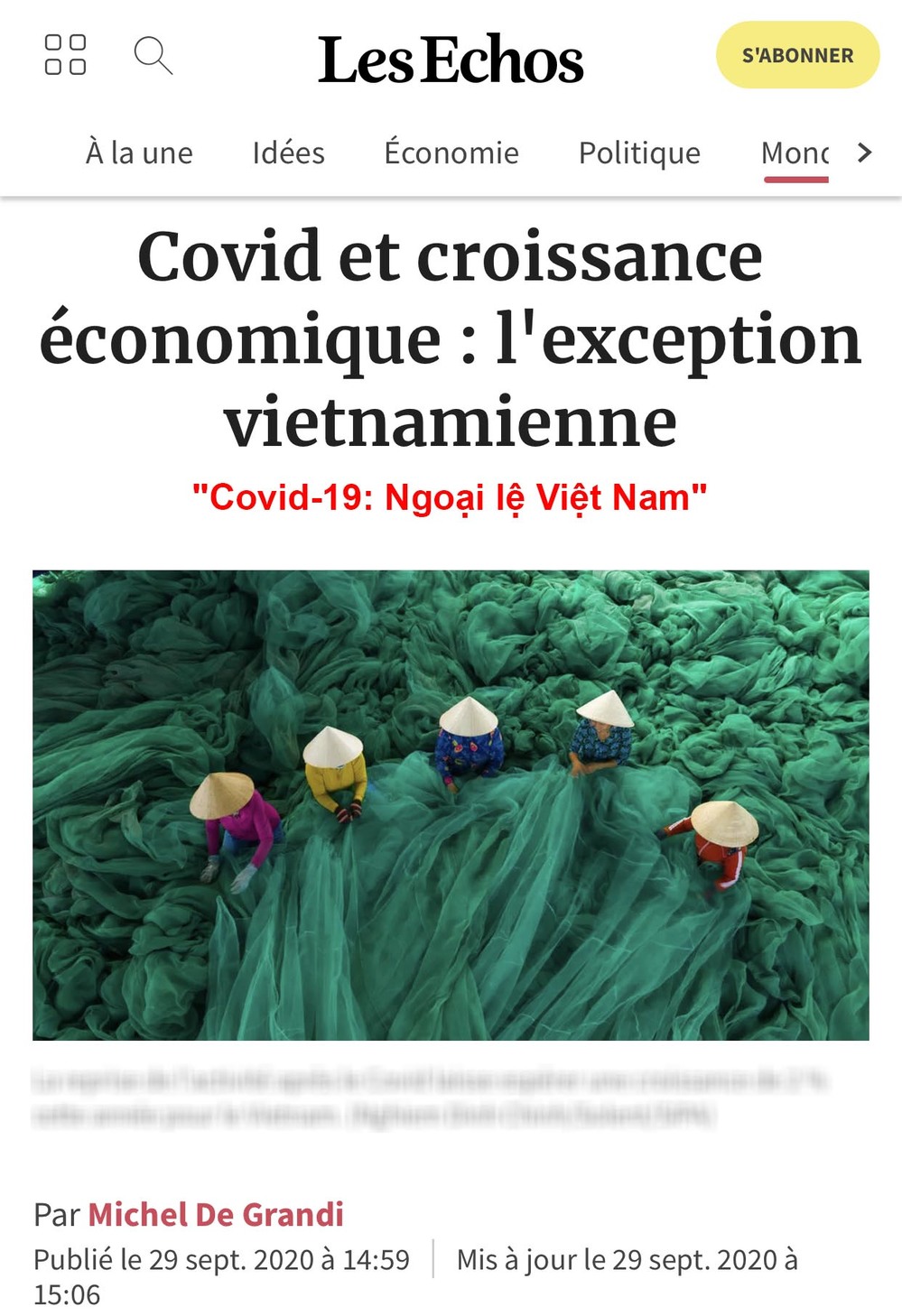  
Báo Pháp dành lời khen ngợi cho công tác chống dịch tại Việt Nam. (Ảnh: Chụp màn hình)