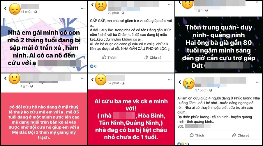  
Nhiều lời kêu cứu từ người dân Quảng Bình trên mạng xã hội. (Ảnh: Chụp màn hình).