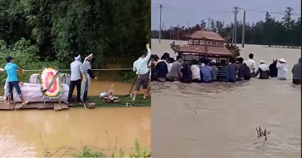 
Hình ảnh đưa tang trong lũ lụt khiến ai nấy rất thương cảm. (Ảnh: Cắt từ clip)