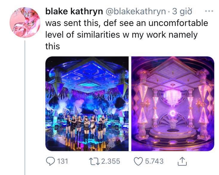 
Nghệ sĩ Blake Kathryn chỉ ra điểm giống nhau giữa thiết kế sân khấu của Aespa và tác phẩm của cô (Ảnh: Twitter)