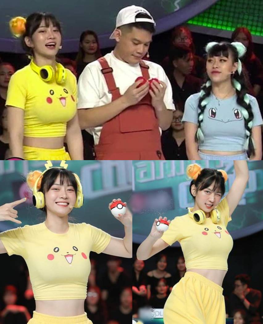  
Cô nàng gây chú ý với chiếc áo Pikachu trên sóng truyền hình. (Ảnh: Chụp màn hình - FBNV)
