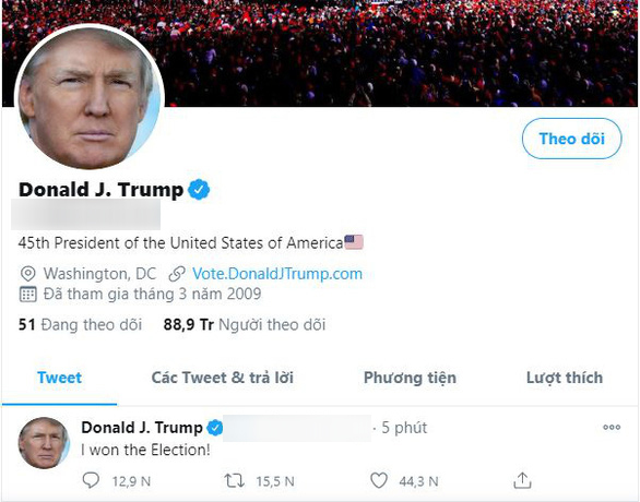  
Trên Twitter, ông Trump khẳng định về chiến thắng. (Ảnh: Chụp màn hình).