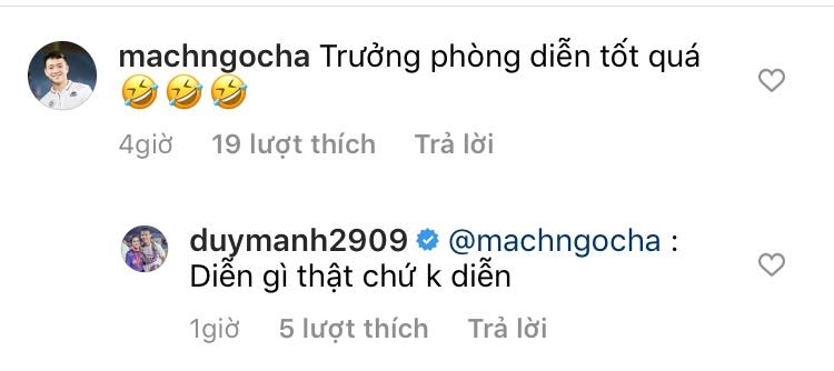 
Cầu thủ Mạch Ngọc Hà cũng vào comment hài hước dưới bài viết của Duy Mạnh. (Ảnh chụp màn hình)