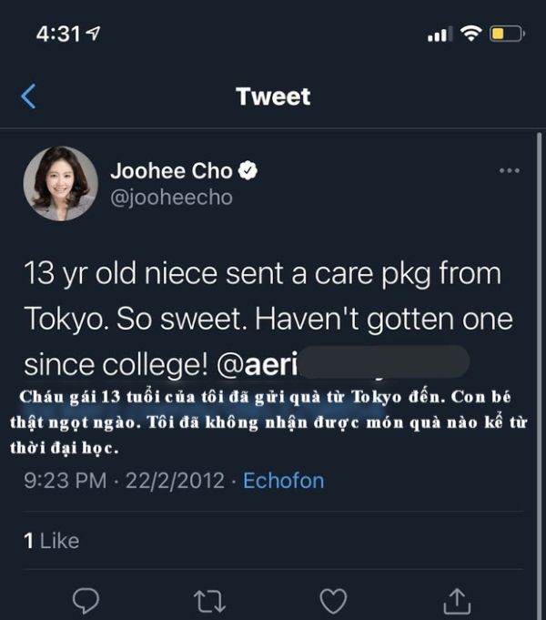 
Bà Cho Joo Hee cập nhật twitter năm 2012. (Ảnh: Twitter)