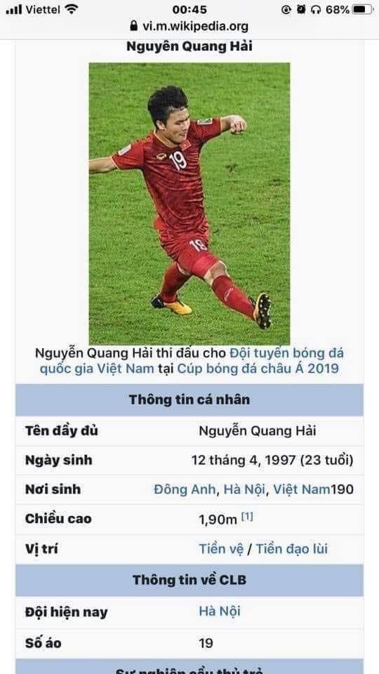 Quang Hải bị sửa cao thêm 30cm trên Wikipedia