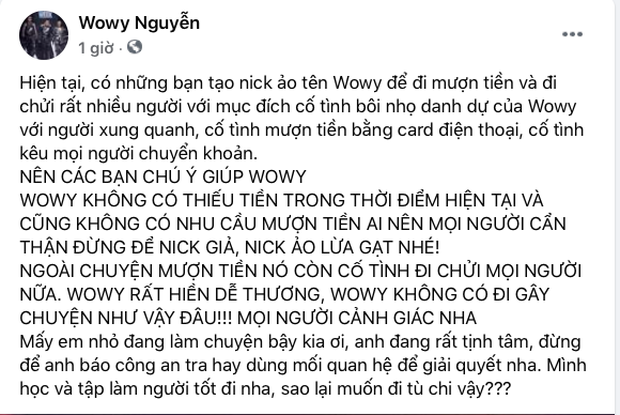  
Wowy đăng bài viết dằn mặt kẻ xấu mạo danh. (Ảnh: Chụp màn hình)