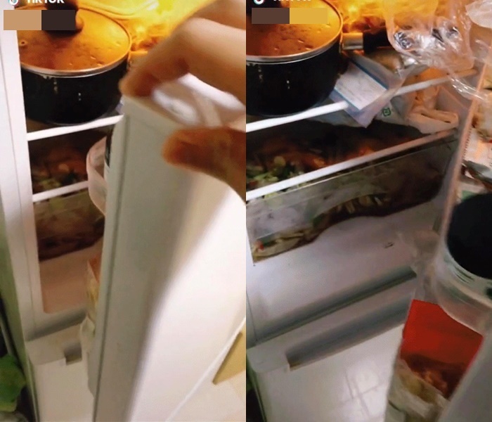  
Chàng trai khoe món chân gà trong tủ lạnh. Ảnh: Chụp màn hình 