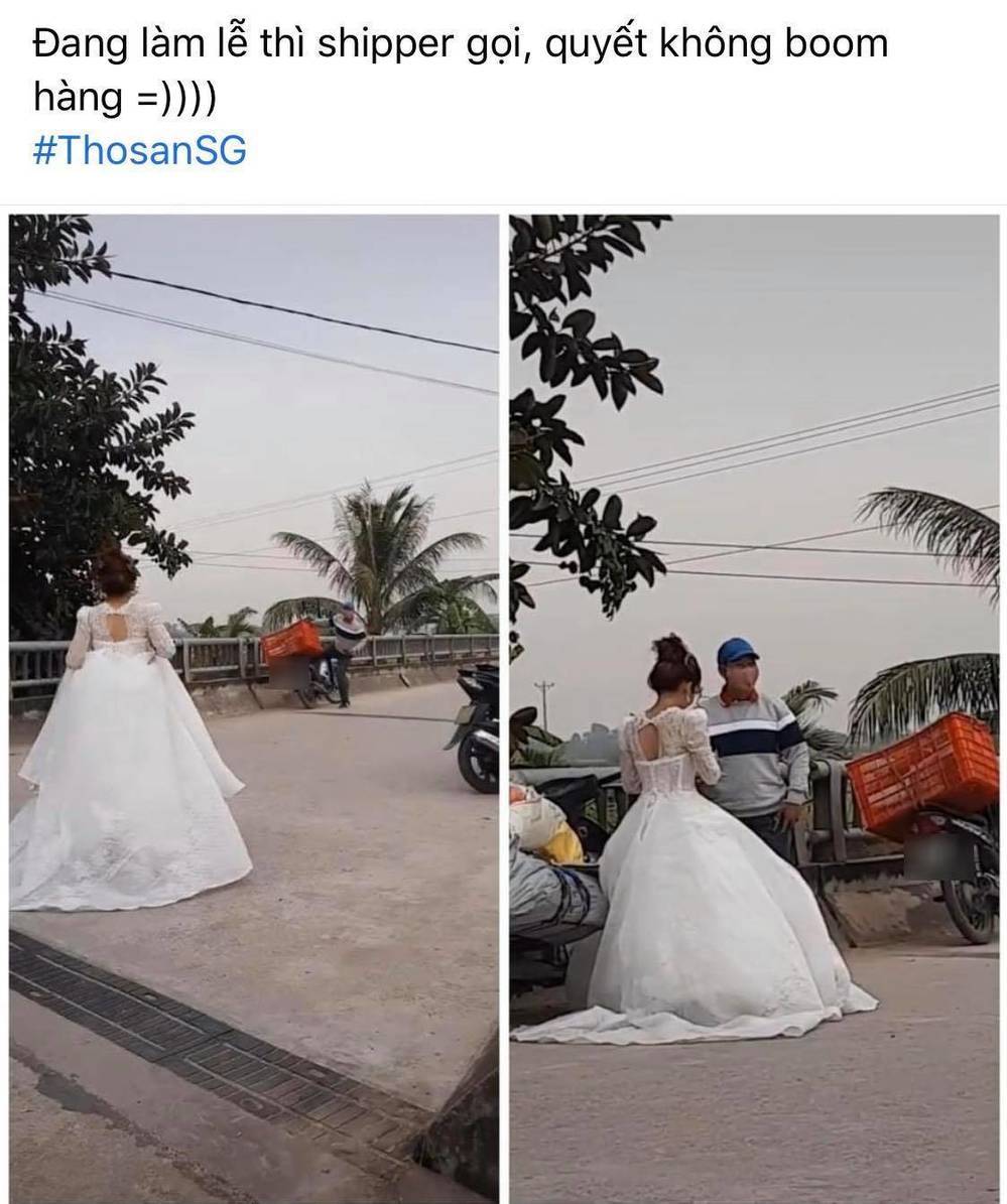  
Dân mạng cũng từng xôn xao về hình ảnh của một cô dâu ở Thái Bình đi nhận hàng trong lúc đang tổ chức lễ cưới. (Ảnh: Chụp màn hình)