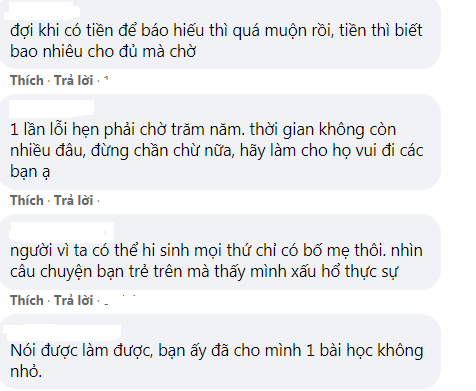  
Một số người cho rằng, chúng ta nên báo hiếu bố mẹ càng sớm càng tốt. (Ảnh: Chụp màn hình)