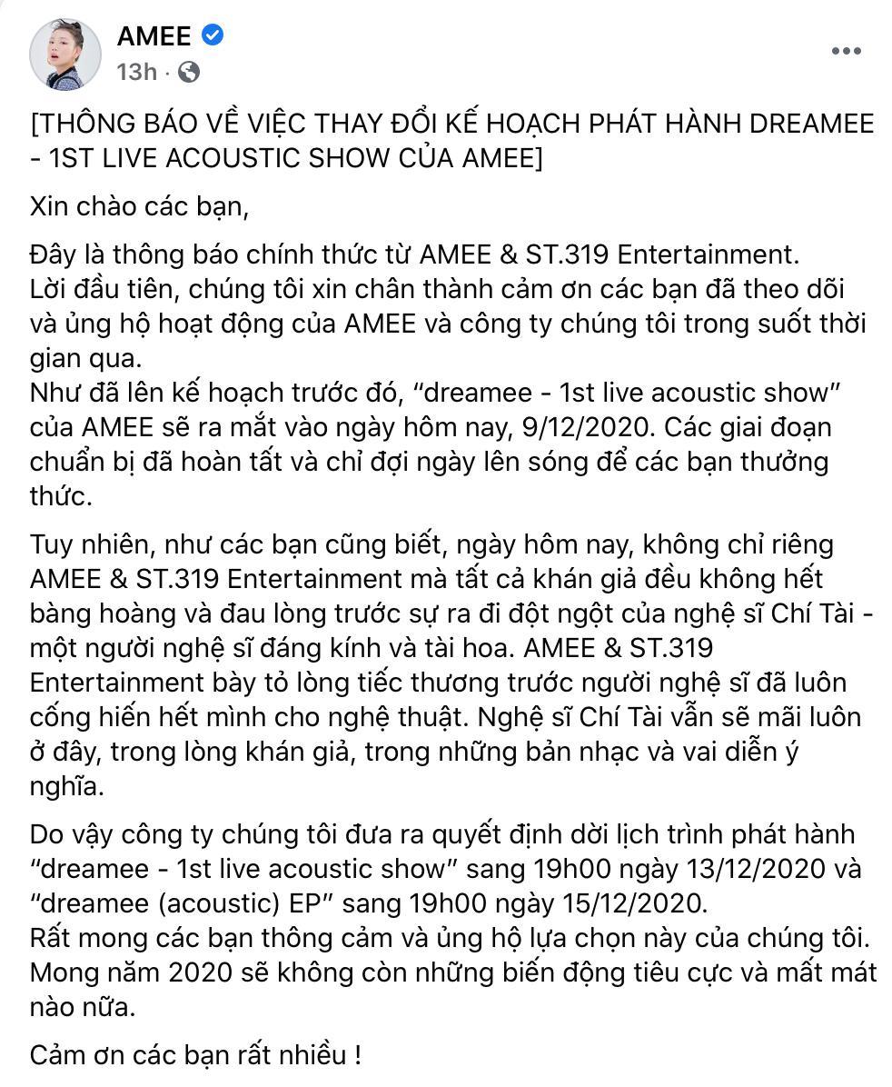 
Amee thông báo về việc thay đổi kế hoạch ra mắt dreamee - 1st live acoustic show. Ảnh: Chụp màn hình