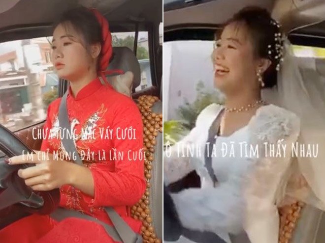 Cô dâu tự lái xe hoa khiến nhiều người ngạc nhiên. (Ảnh cắt từ clip)