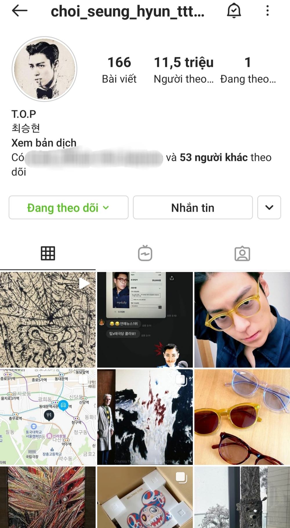  
T.O.P theo dõi một tài khoản duy nhất trên Instagram. (Ảnh: Chụp màn hình)