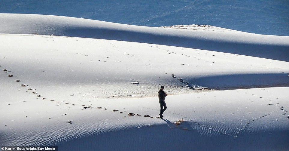 
Vùng sa mạc rộng lớn như được đắp lên một tấm chăn tuyết trắng xóa. (Ảnh: Karim Bouchetata)