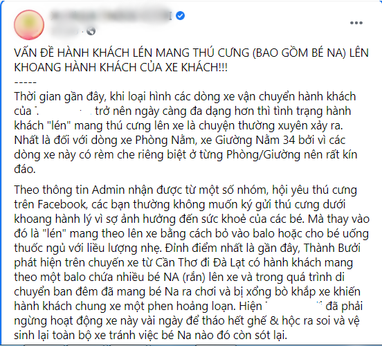  
Fanpage của hãng xe lớn ở TP. Hồ Chí Minh đăng thông tin về việc hành khách mang "bé Na" lên ô tô. (Ảnh: Chụp màn hình)