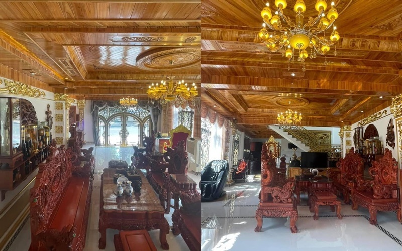 
Nội thất bên trong ngôi nhà toàn bằng gỗ, từ trần nhà cho tới bàn ghế. (Ảnh: Quốc Vương) 