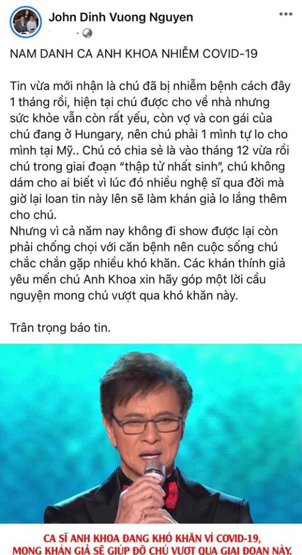  
Con trai Nguyễn Ngọc Ngạn thông báo ca sĩ Anh Khoa đang khó khăn vì Covid-19. (Ảnh: Chụp màn hình)