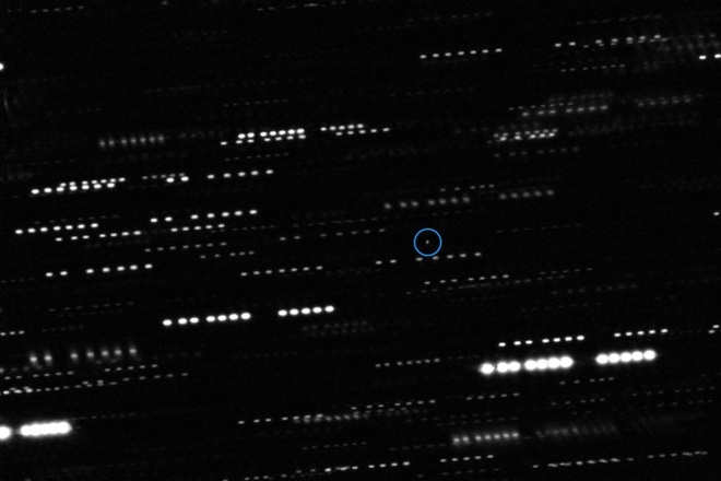  
Hình ảnh của Oumuamua (trong hình tròn màu xanh) chụp từ kính thiên văn, xung quanh là vệt sáng của những ngôi sao khác. (Ảnh: ESO)