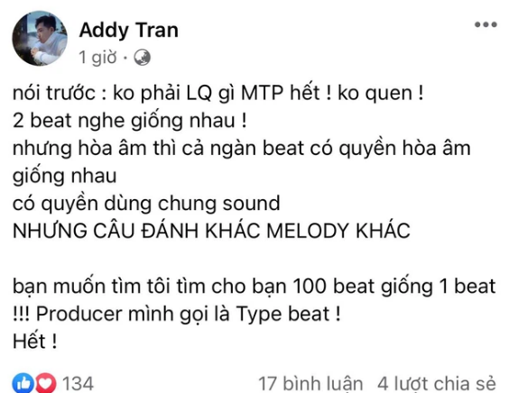  
Nhạc sĩ/nhà sản xuất Addy Trần đưa ra quan điểm khi có những bản beat giai điệu giống nhau. (Ảnh: Chụp màn hình)