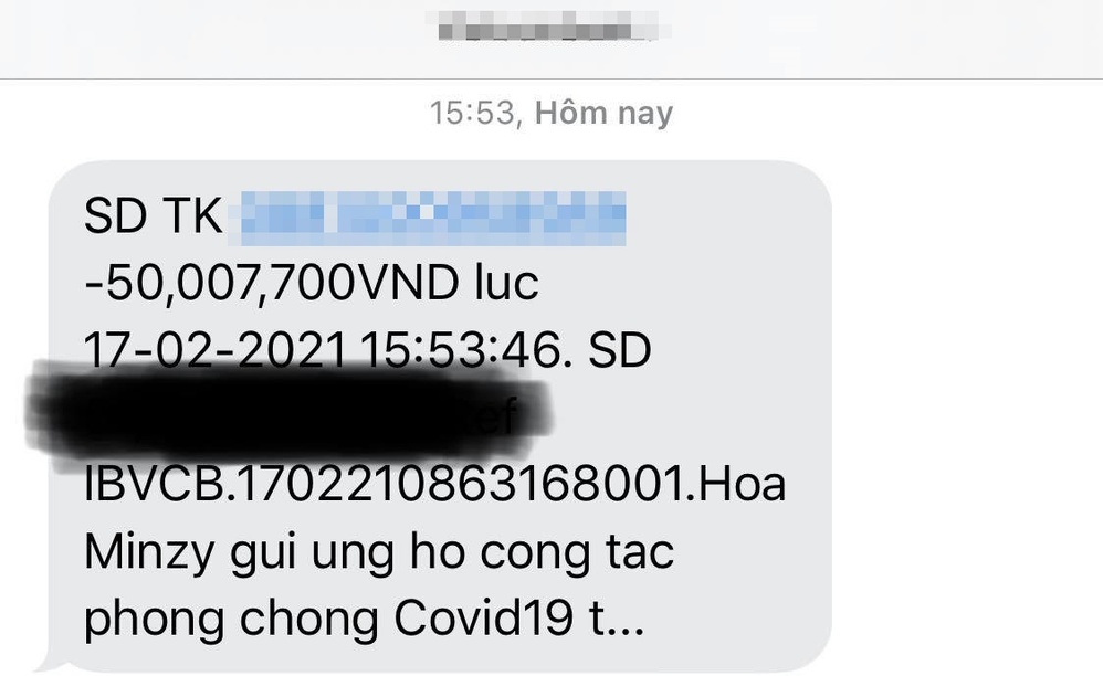  
Tin nhắn chuyển tiền ủng hộ Hải Dương chống dịch của Hòa Minzy. (Ảnh: FBNV)