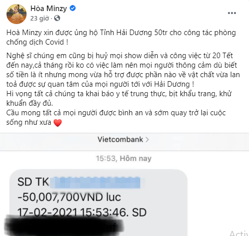  
Bài chia sẻ của Hòa Minzy sau khi ủng hộ 50 triệu đồng giúp Hải Dương chống dịch. (Ảnh chụp màn hình)