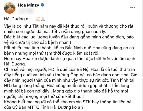  
Hòa Minzy kêu gọi khán giả ủng hộ Hải Dương. (Ảnh: FBNV)