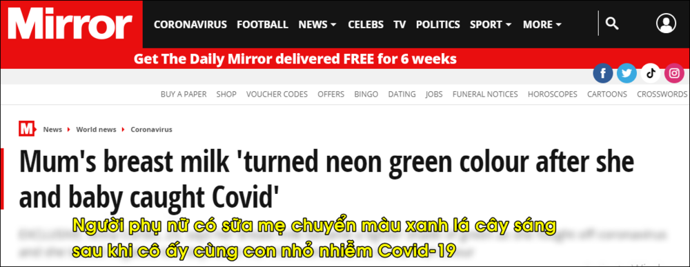  
Bài báo đăng tải về trường hợp sữa của người phụ nữ chuyển màu lạ khi nhiễm Covid-19. (Ảnh: Chụp màn hình)
