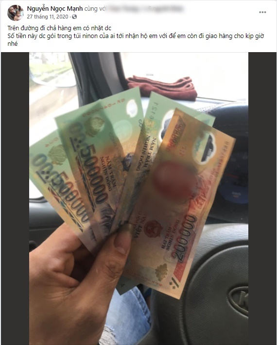  
Bài viết được anh Mạnh đăng tải để tìm người bị đánh rơi tiền (Ảnh chụp màn hình)