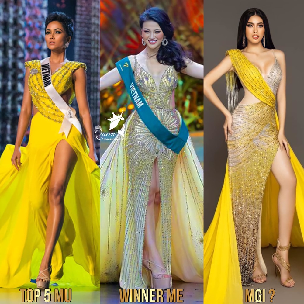  
Bộ đầm Ngọc Thảo mặc đêm chung kết là sự kết hợp hoàn hảo giữa hai chiếc váy vàng may mắn mà Top 5 MU và Miss Earth từng diện trong đêm thi quan trọng. (Ảnh: GoddessGoddess Beaty Queen)