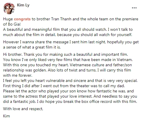  
Kim Lý cũng hiếm hoi mới review có tâm như thế về một bộ phim Việt