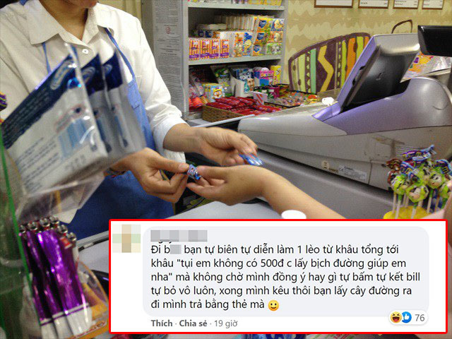  
Cư dân mạng phàn nàn rằng nhân viên thu ngân đưa kẹo thay vì trả lại tiền (Ảnh: Chụp màn hình)