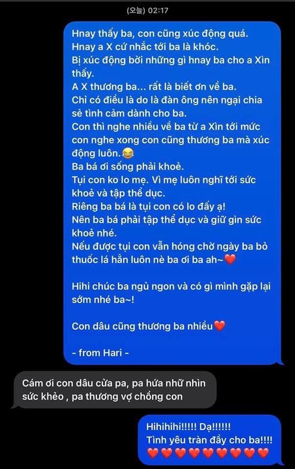 
Tin nhắn của bố chồng với Hari. (Ảnh: FBNV)
