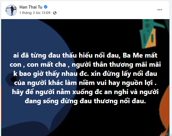  
Hàn Thái Tú sau đó cũng đăng status khuyên mọi người ngưng lấy nỗi đau người khác làm niềm vui. (Ảnh chụp màn hình) - Tin sao Viet - Tin tuc sao Viet - Scandal sao Viet - Tin tuc cua Sao - Tin cua Sao