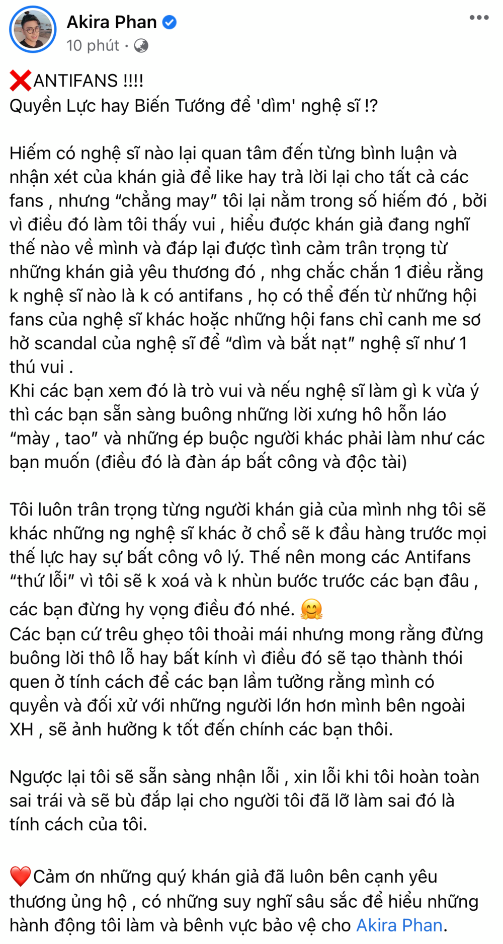  
Bài đăng mới nhất của nam ca sĩ về những màn "ném đá" vô lý của anti-fan. (Ảnh: FBNV) - Tin sao Viet - Tin tuc sao Viet - Scandal sao Viet - Tin tuc cua Sao - Tin cua Sao