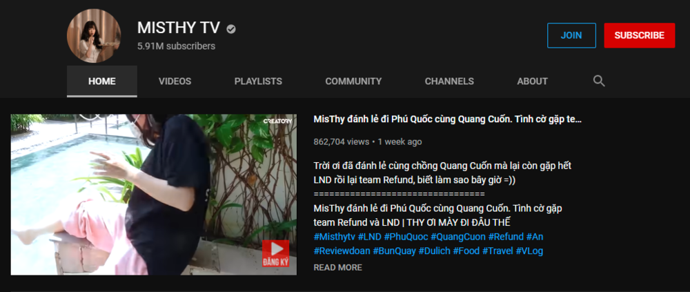  
Kênh YouTube của MisThy sở hữu lượng theo dõi đông đảo. (Ảnh chụp màn hình)