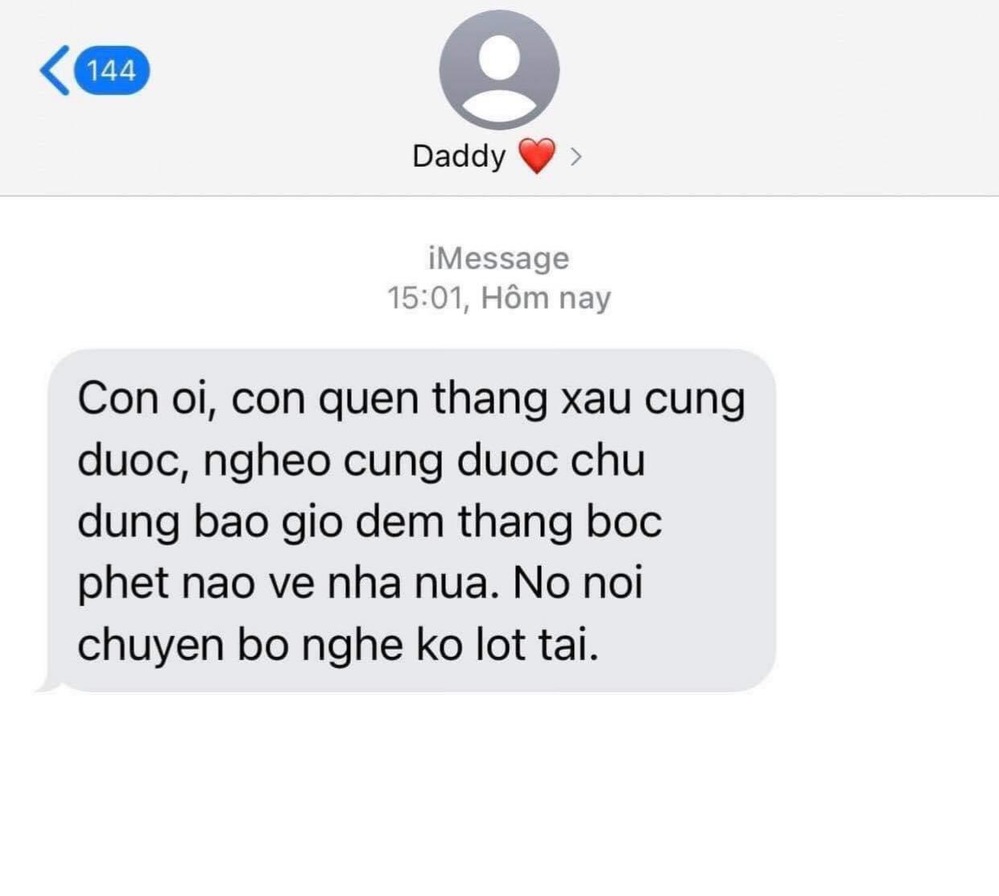  
Đoạn tin nhắn của ông bố dành cho con gái. (Ảnh: FB H.E)